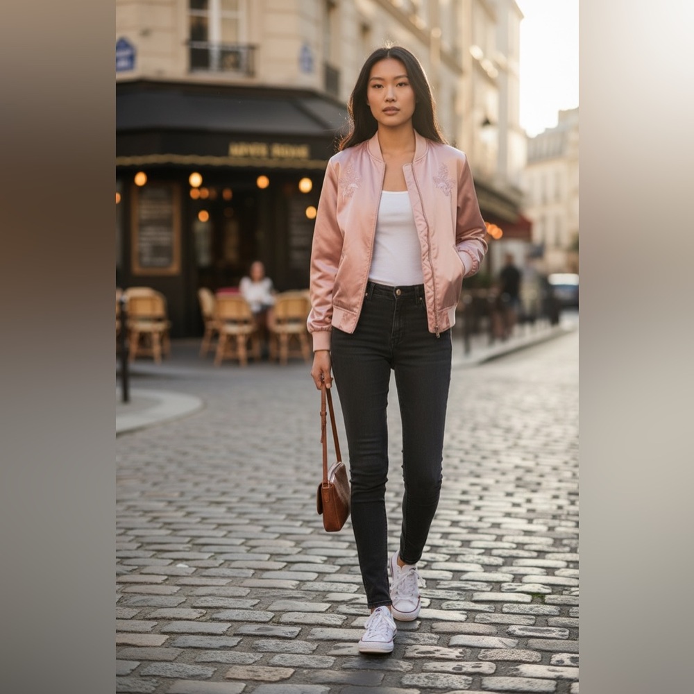 River Island Women's Pink Satin Bomber Jacket UK 10 Embroidered Sporty Romantic